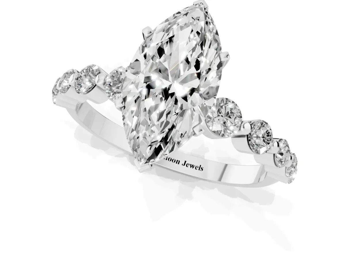 Marquise Cut Solitaire Diamond Ring with Pave Band and Four-Prong Setting Silver