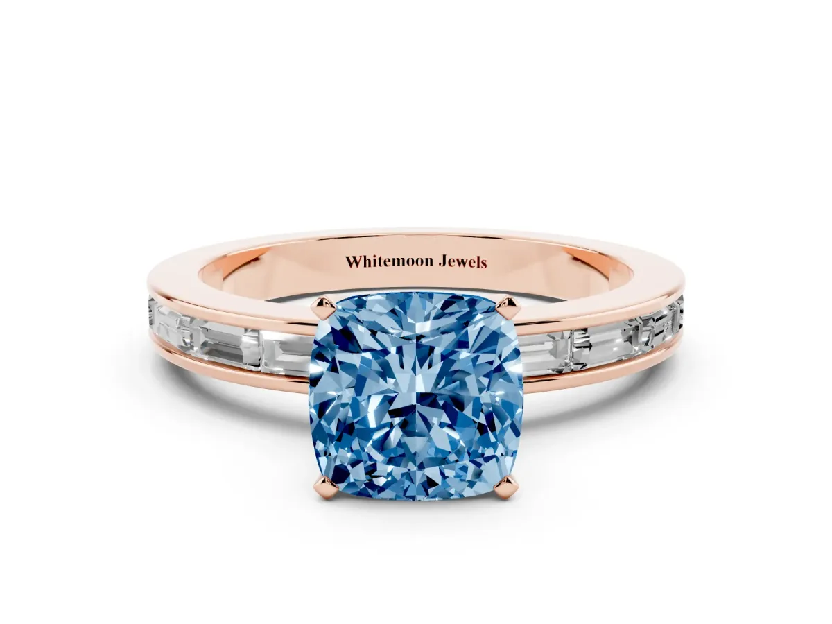Fancy Blue Cushion Cut Solitaire Diamond Ring with Channel-Set Baguette Band and Four-Prong Setting Rose gold