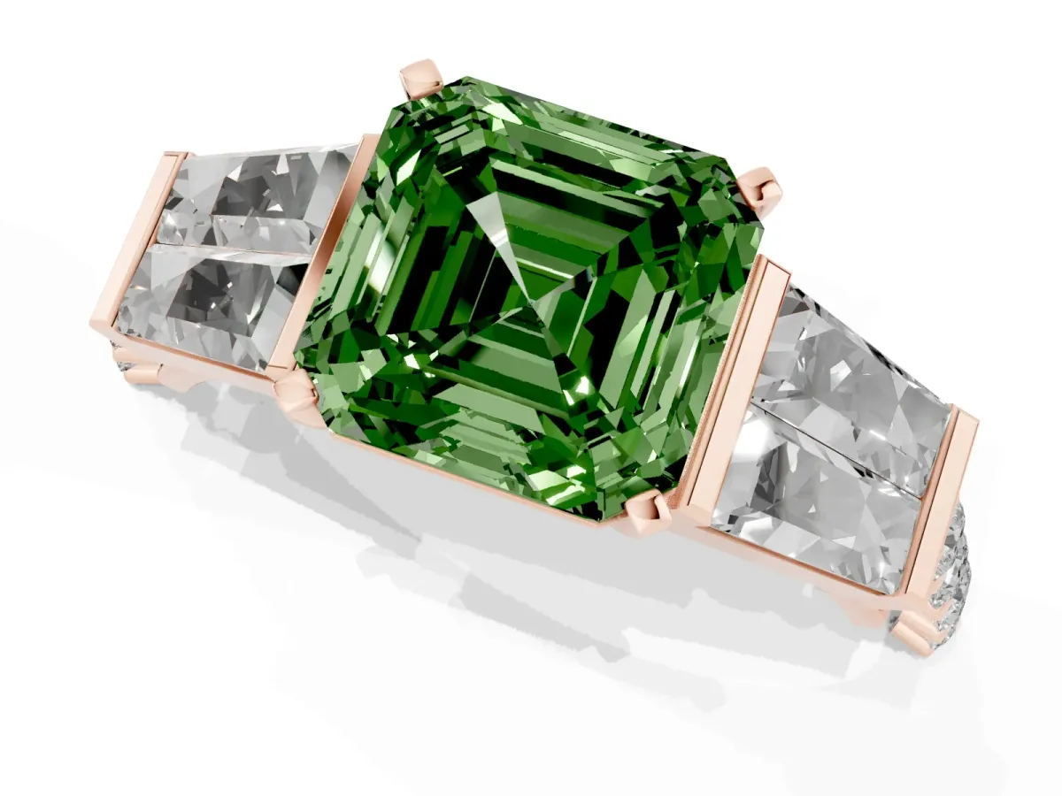 Fancy Green Asscher Cut Diamond Engagement Ring with Baguette Side Stones and Channel Set Band Rose gold