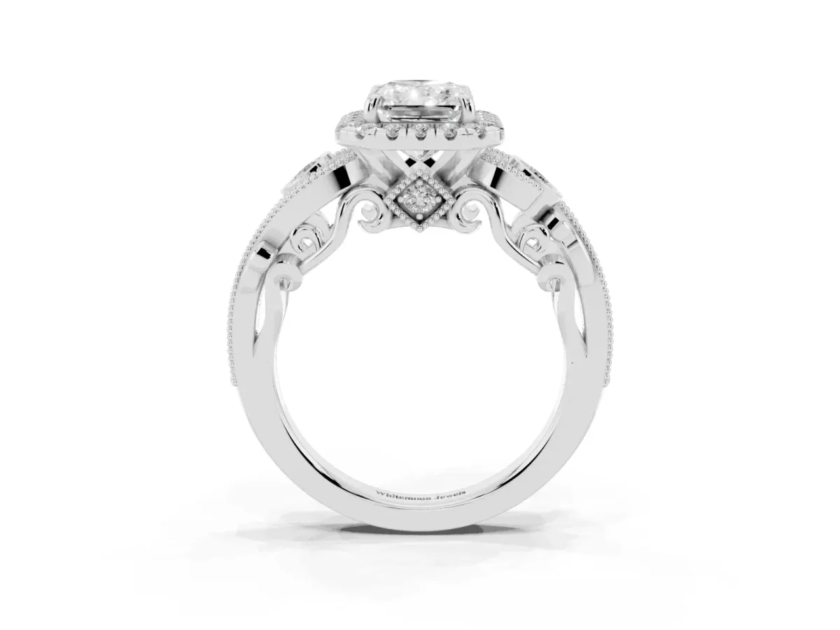 Radiant Cut Halo Diamond Ring with Milgrain and Bezel Accents on a Split Shank Band Platinum