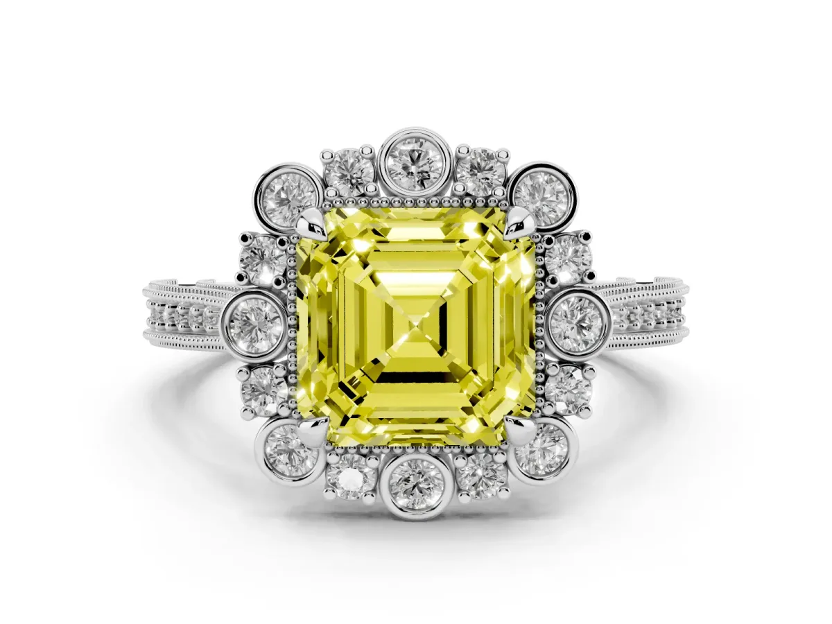 Fancy Yellow Asscher Cut Halo Milgrain Pave Diamond Ring with Four-Prong Setting Silver
