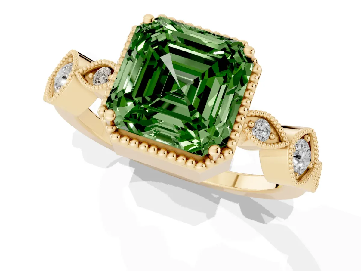 Fancy Green Asscher Cut Diamond Vintage Milgrain Ring with Round Stations Yellow gold