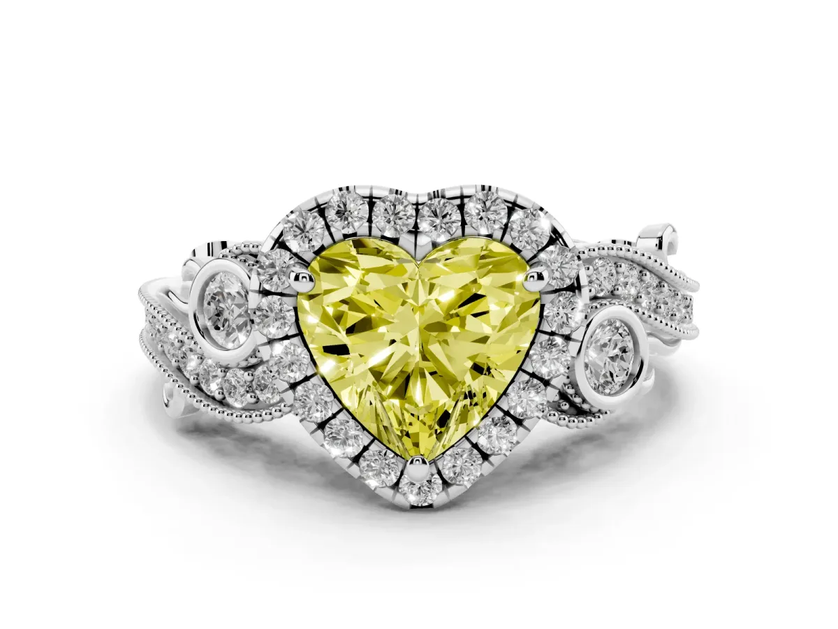 Fancy Yellow Heart Cut Halo Diamond Ring with Milgrain and Bezel Accents on a Split Shank Band Silver