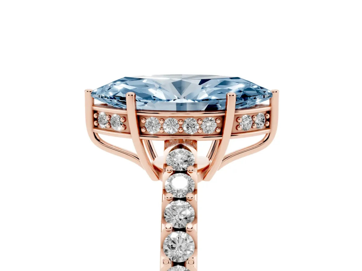 Fancy Blue Marquise Cut Solitaire Diamond Engagement Ring with Pavé Band and Six-Prong Setting Rose gold