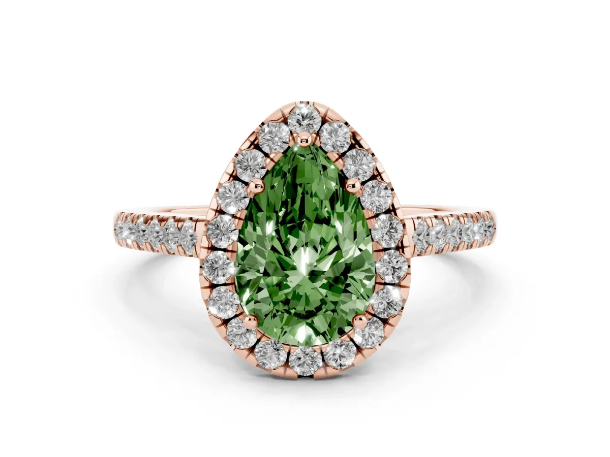 Fancy Green Pear Cut Halo Pave Diamond Engagement Ring with Four-Prong Setting Rose gold