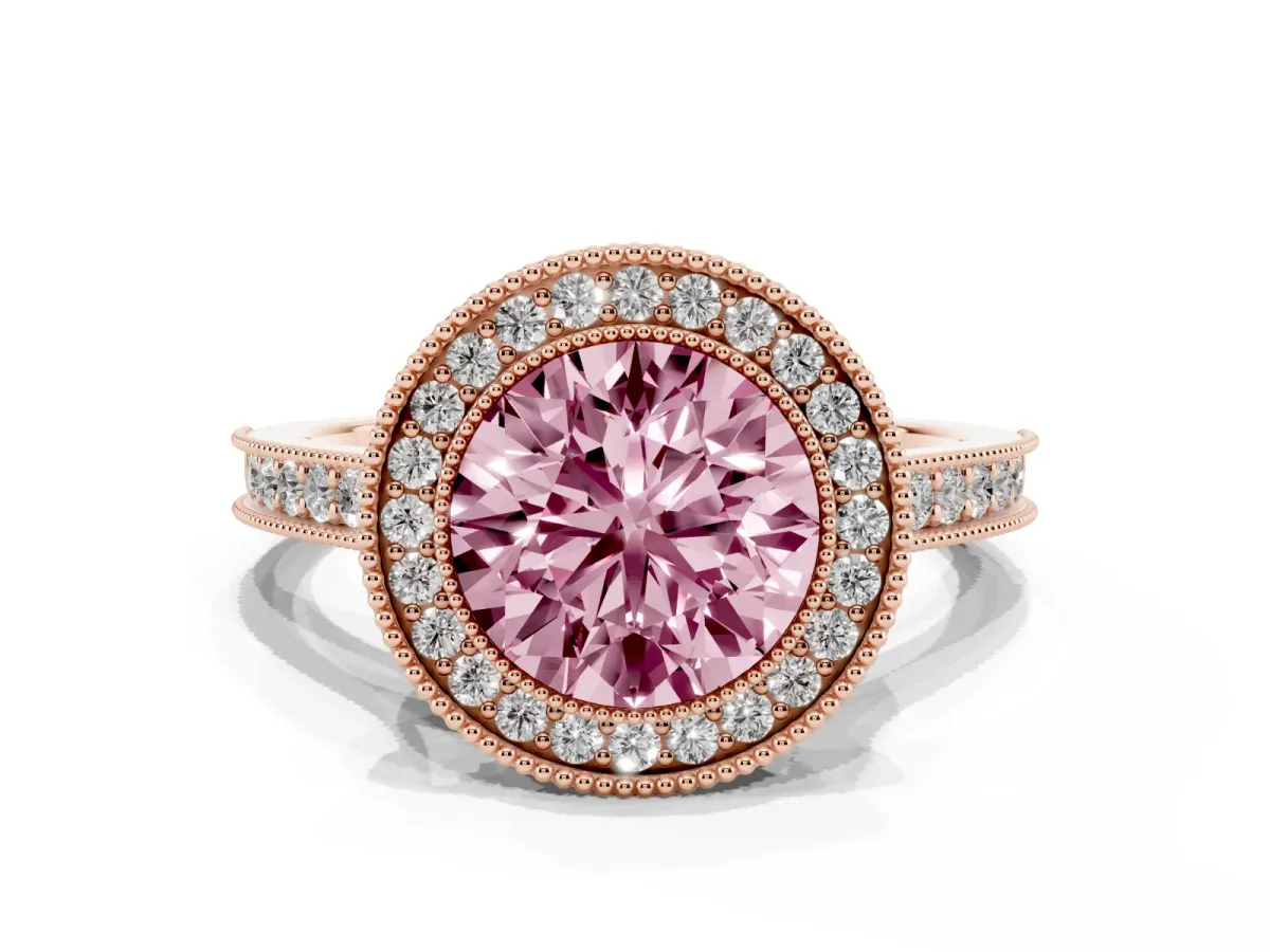 Fancy Pink Halo Round Cut-Cut Diamond Pave Band Milgrain Prong Setting Ring Rose gold
