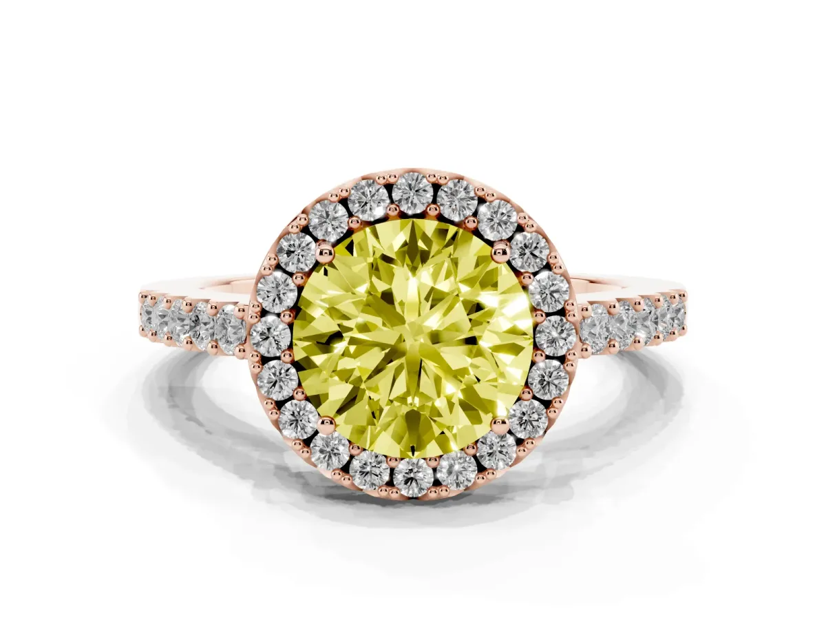 Fancy Yellow Round Cut Halo Diamond Pavé Solitaire Ring Rose gold