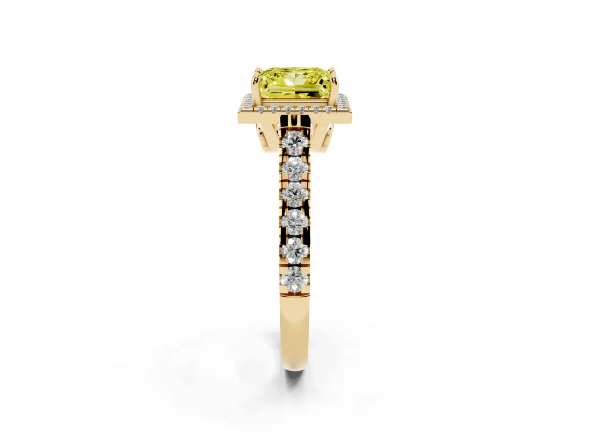 Fancy Yellow Princess Cut Halo Pavé Diamond Engagement Ring with Four-Prong Setting Yellow gold