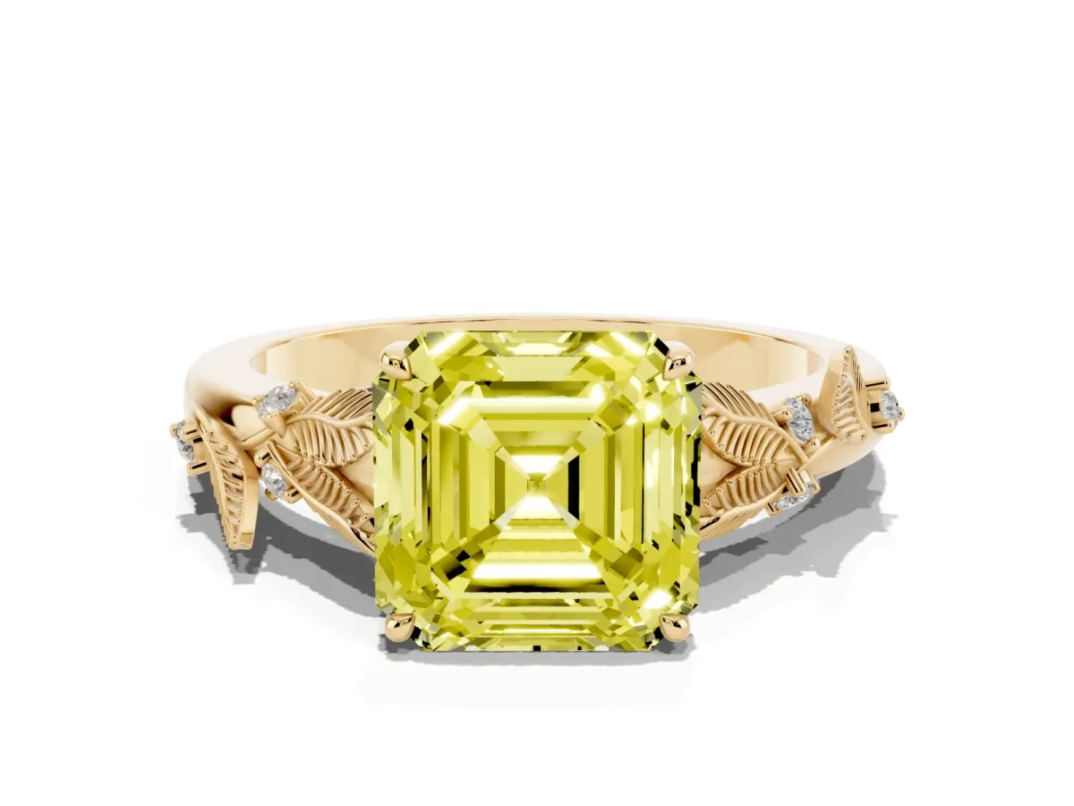 Fancy Yellow Asscher Cut Diamond Solitaire Ring with Leaf Motif Band and Four-Prong Setting Yellow gold