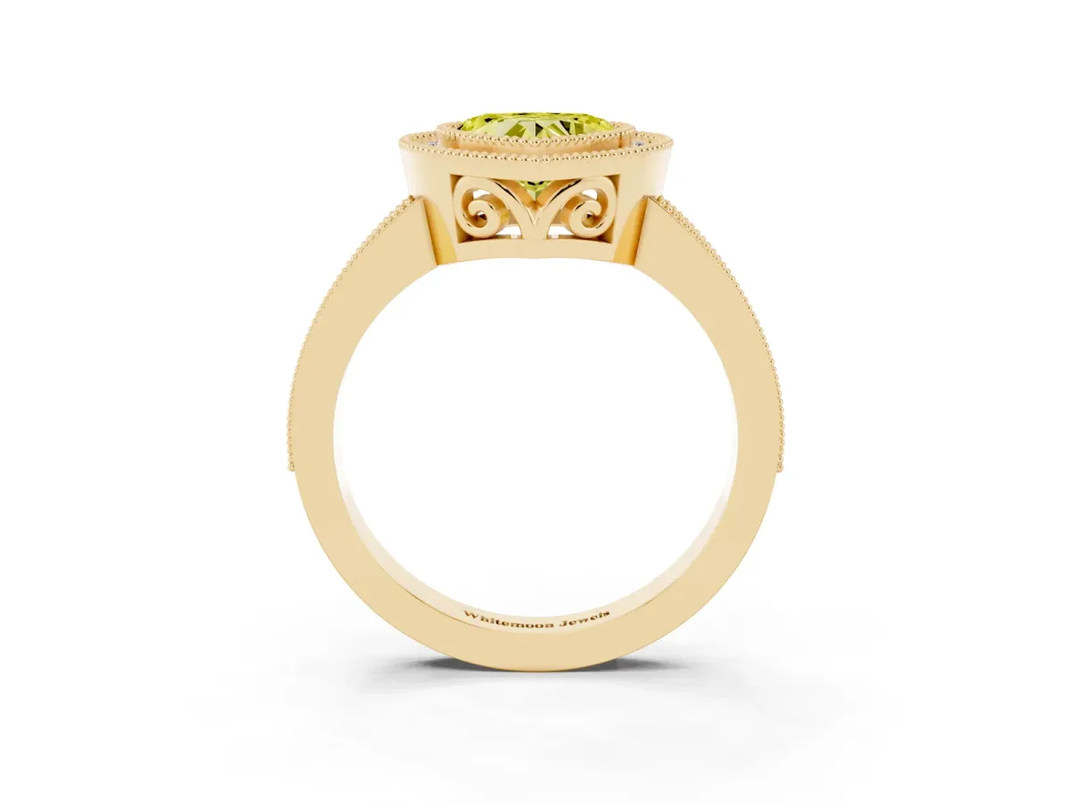 Fancy Yellow Heart Cut Cut Halo Diamond Ring with Pavé Band and Milgrain Prong Setting Yellow gold