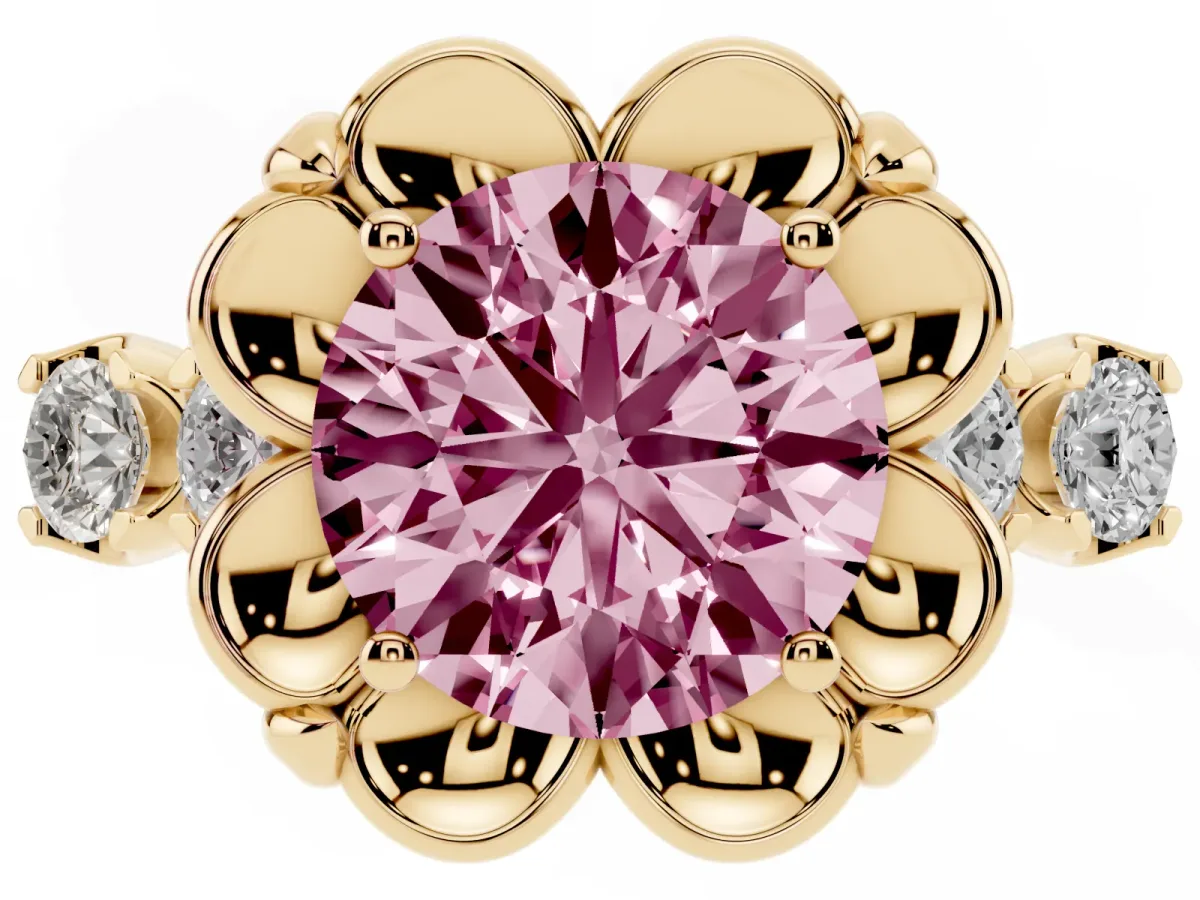 Fancy Pink Round Cut Cut Diamond Floral Halo Engagement Ring with Shared Prong Setting Yellow gold