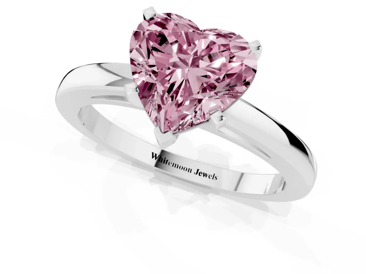 Fancy Pink Heart Cut Solitaire Diamond Engagement Ring with Four-Prong Setting on a Classic Band White gold