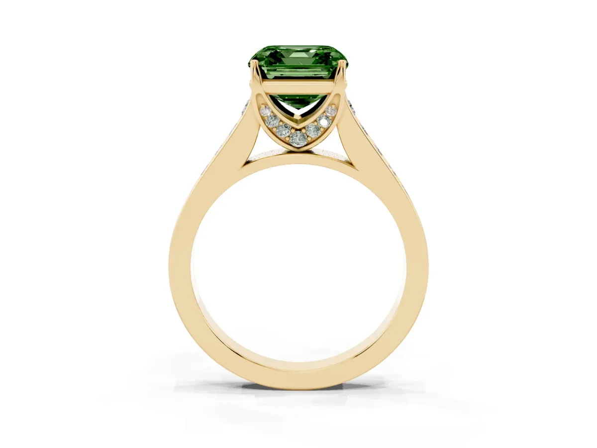 Fancy Green Asscher Cut Brilliant Cut Diamond Engagement Ring with Pavé Band and Four-Prong Setting Yellow gold