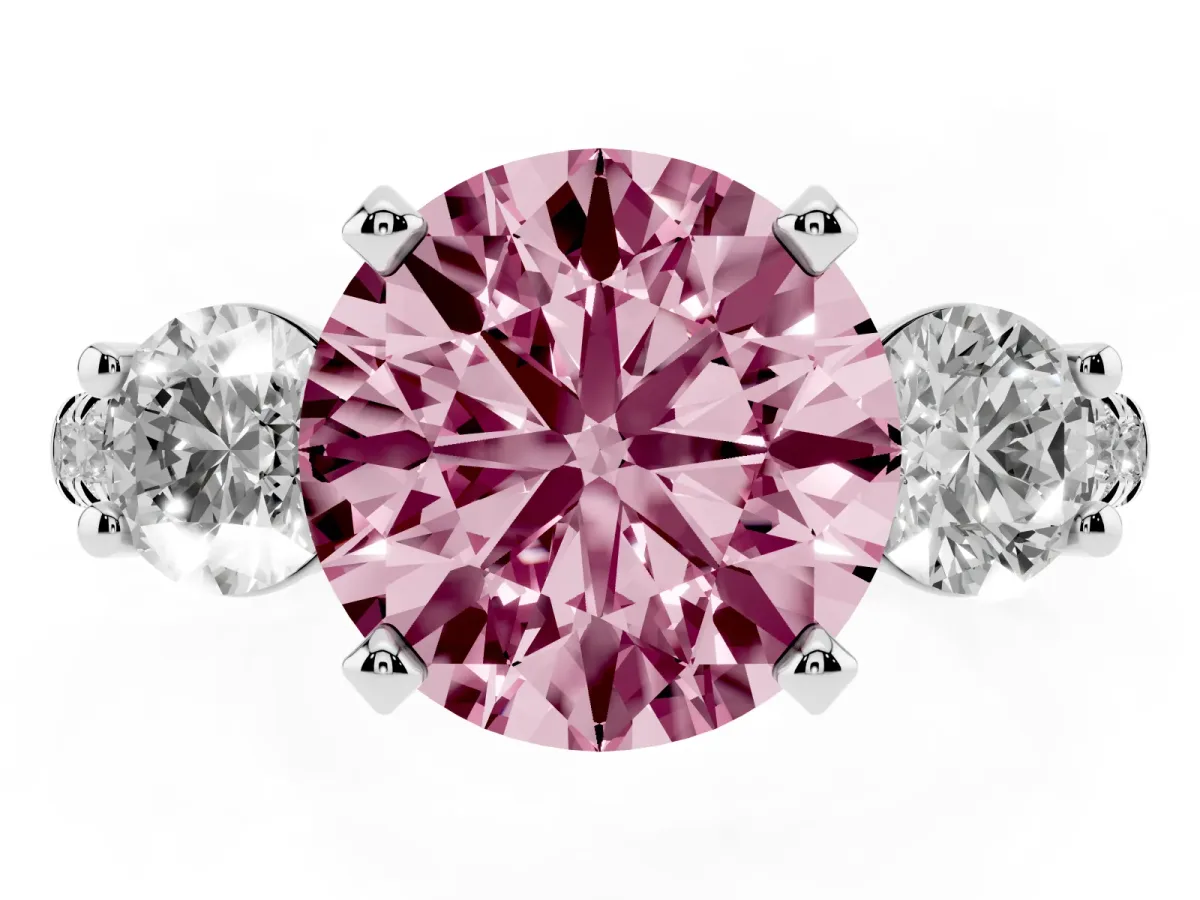 Fancy Pink Three-Stone Round Cut Diamond Pavé Band with Four-Prong Setting Platinum