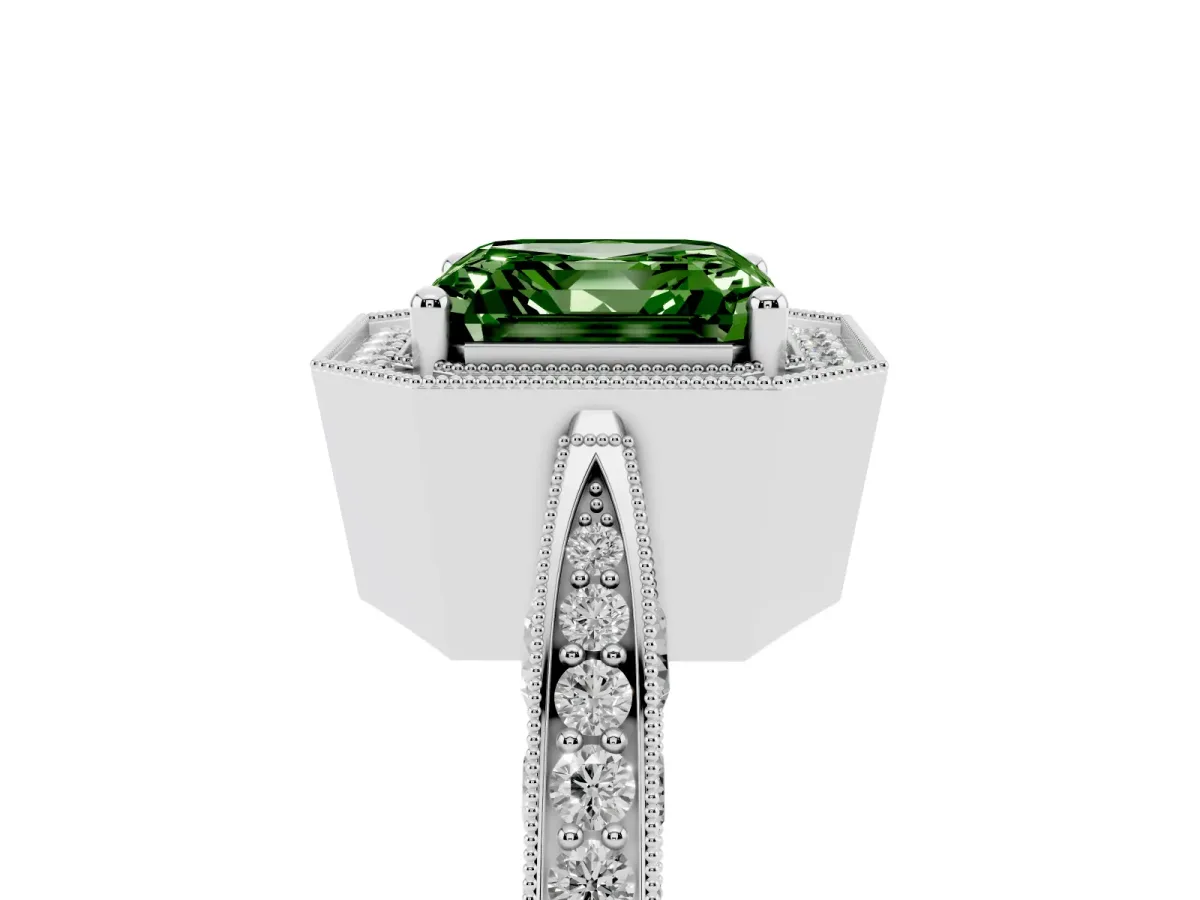 Fancy Green Asscher Cut Halo Diamond Engagement Ring with Split Shank Band and Four-Prong Setting Platinum