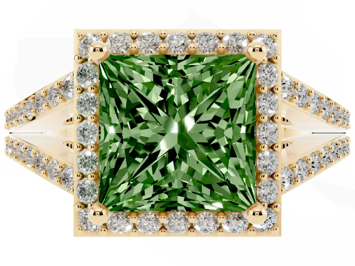 Fancy Green Princess Cut Halo Split Shank Diamond Ring with Prong Setting Yellow gold