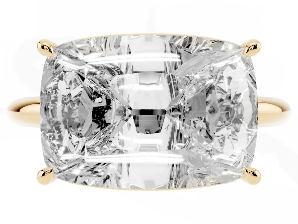 Old Mine Elongated Cushion Diamond East-West Bezel Set Four Claw Solitaire Ring Yellow gold