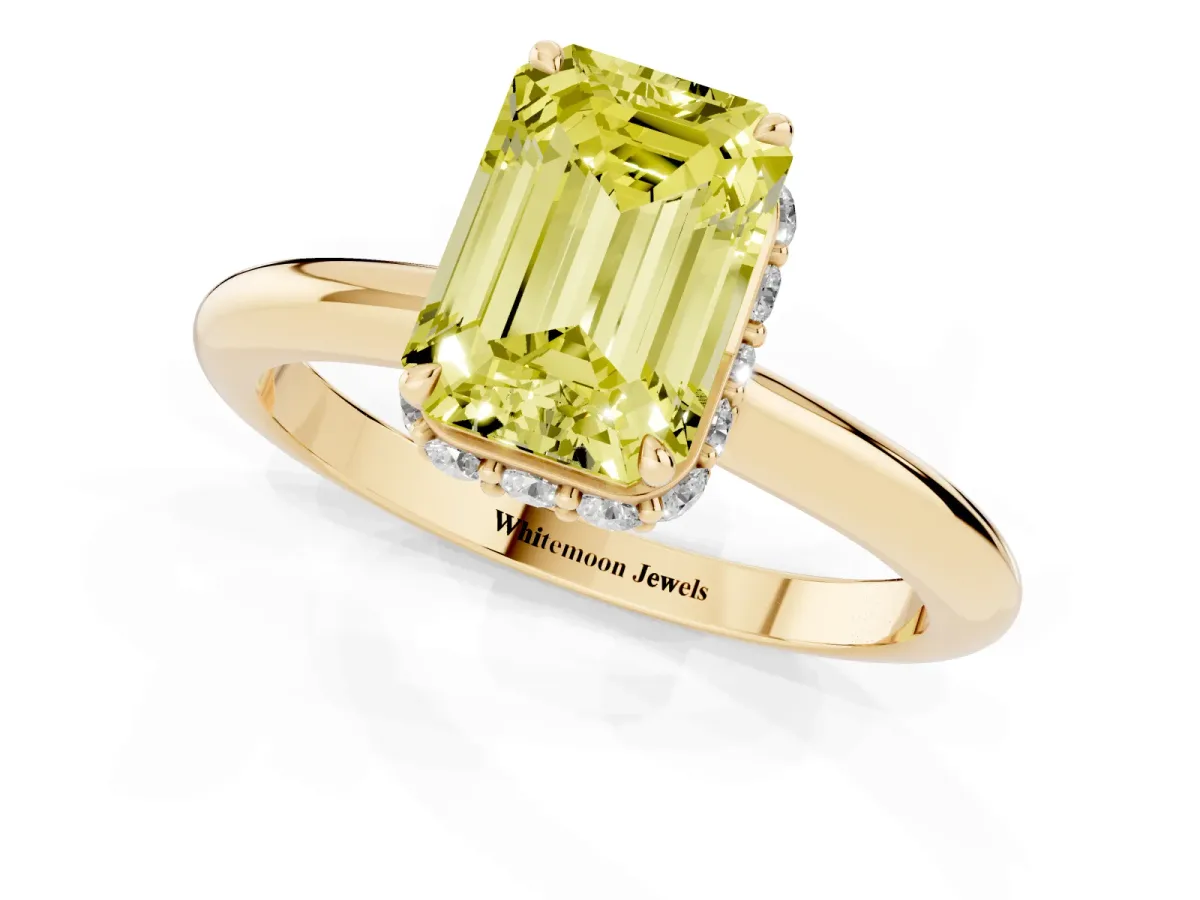 Fancy Yellow Emerald Cut Brilliant Solitaire Engagement Ring with Six-Prong Setting and Classic Band Yellow gold