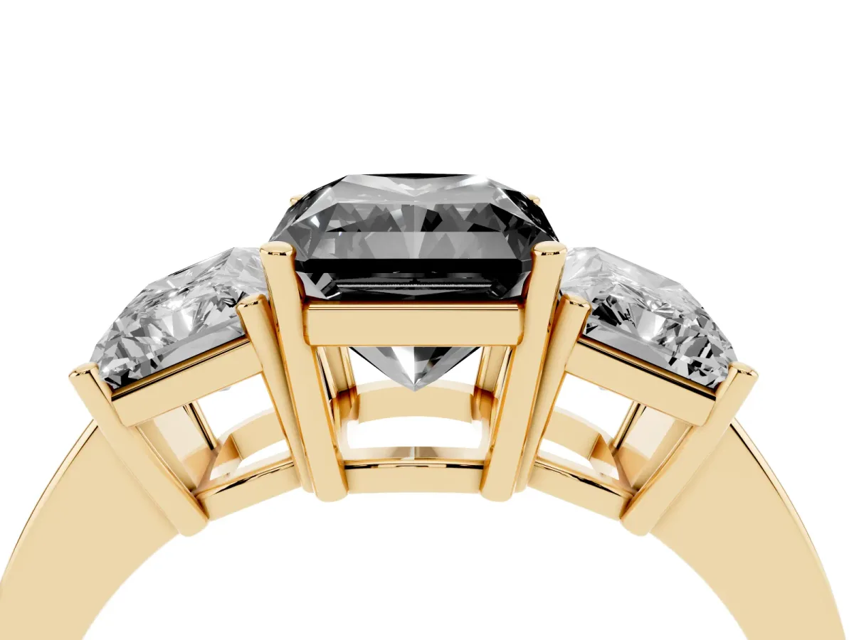 Fancy Black Three-Stone Radiant Cut Cut Diamond Engagement Ring with Flat Band and Four-Prong Setting Yellow gold