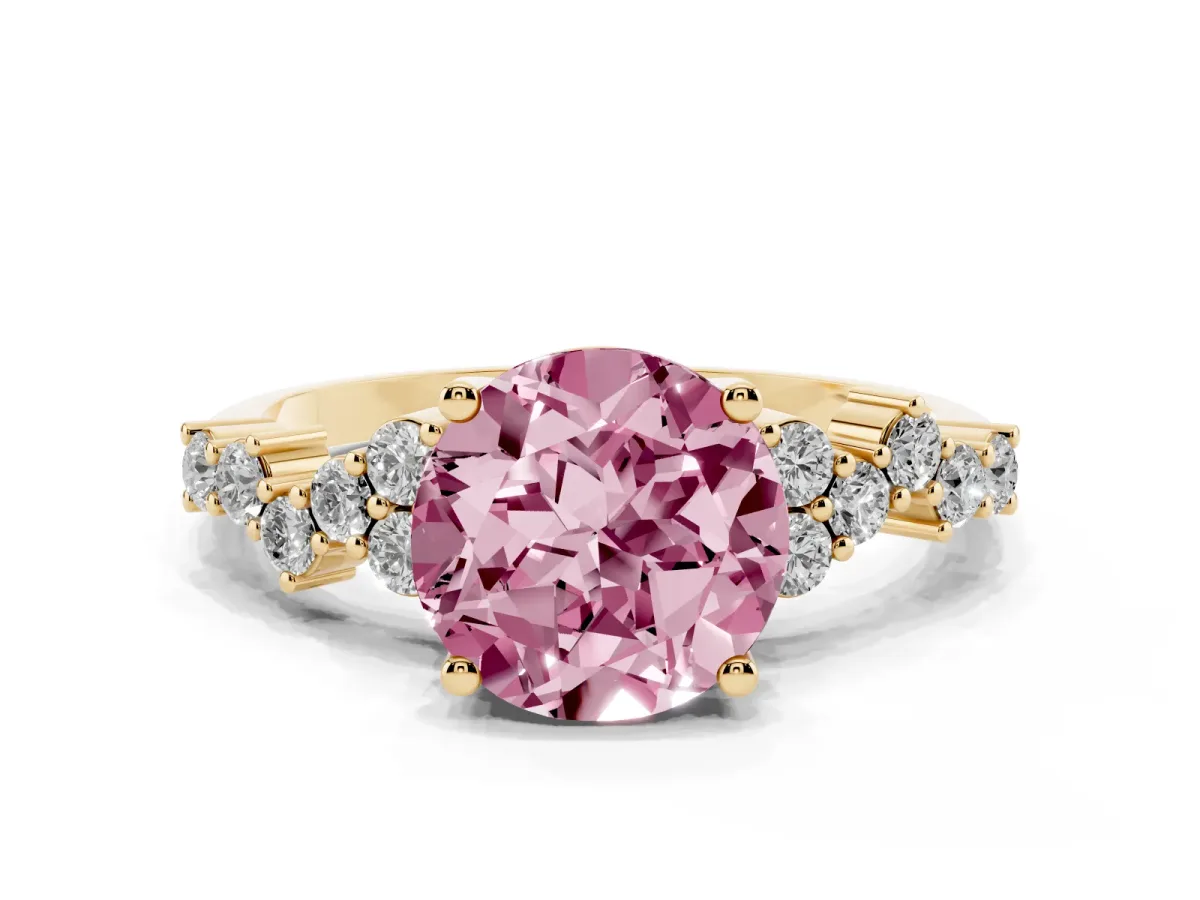 Fancy Pink Round Cut Diamond Scattered Round Accent Ring with Prong Setting Yellow gold