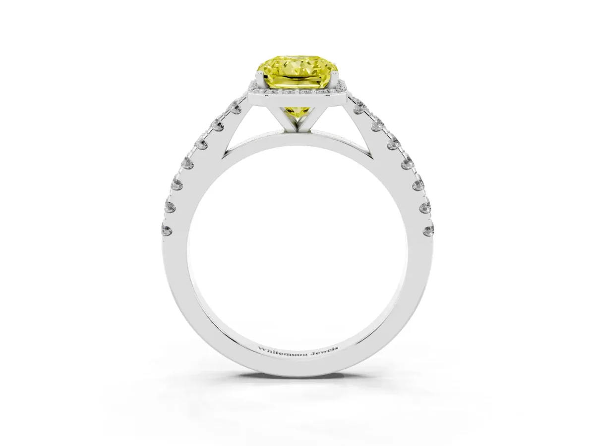 Fancy Yellow Radiant Cut Cut Halo Diamond Engagement Ring with Pave Band and Four-Prong Setting Platinum
