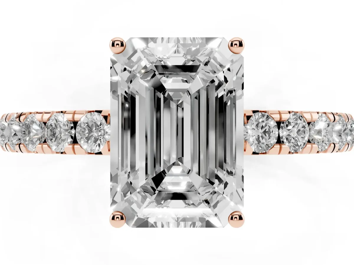 Emerald Cut Diamond Pavé Solitaire Engagement Ring with Four-Prong Setting Rose gold