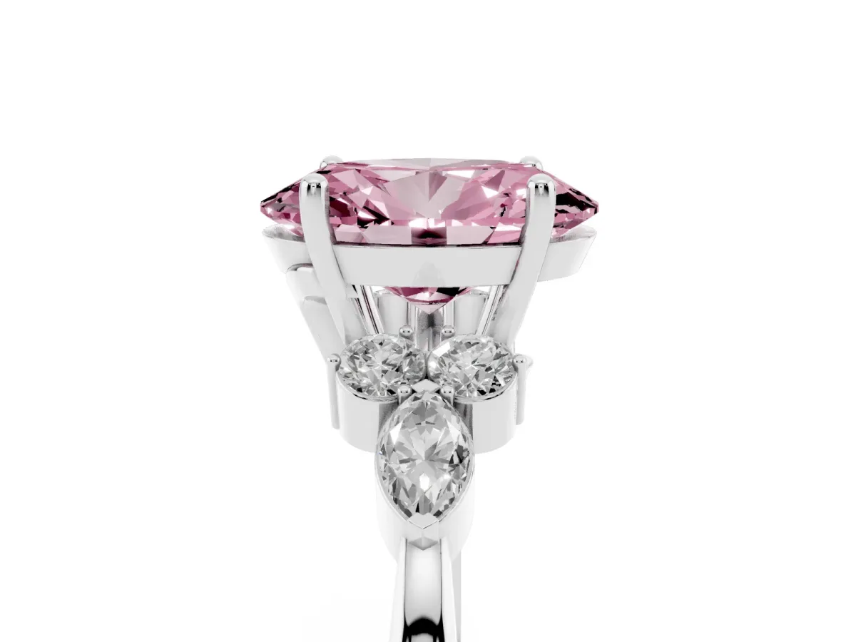 Fancy Pink Oval Cut Brilliant Diamond Solitaire Ring with Pear Side Stones and Four-Prong Setting Silver