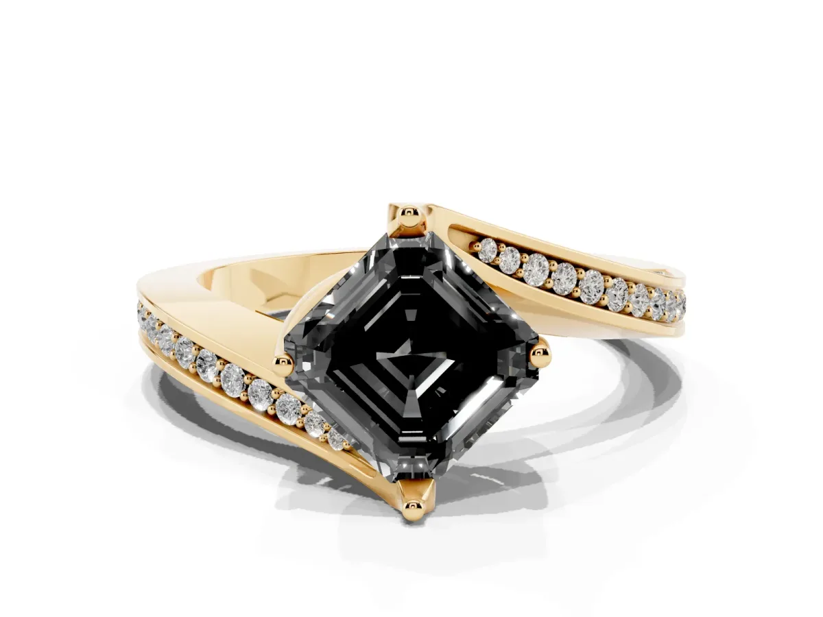 Fancy Black Asscher Cut Solitaire Diamond Twist Band with Pavé Setting and Four-Prong Setting Yellow gold