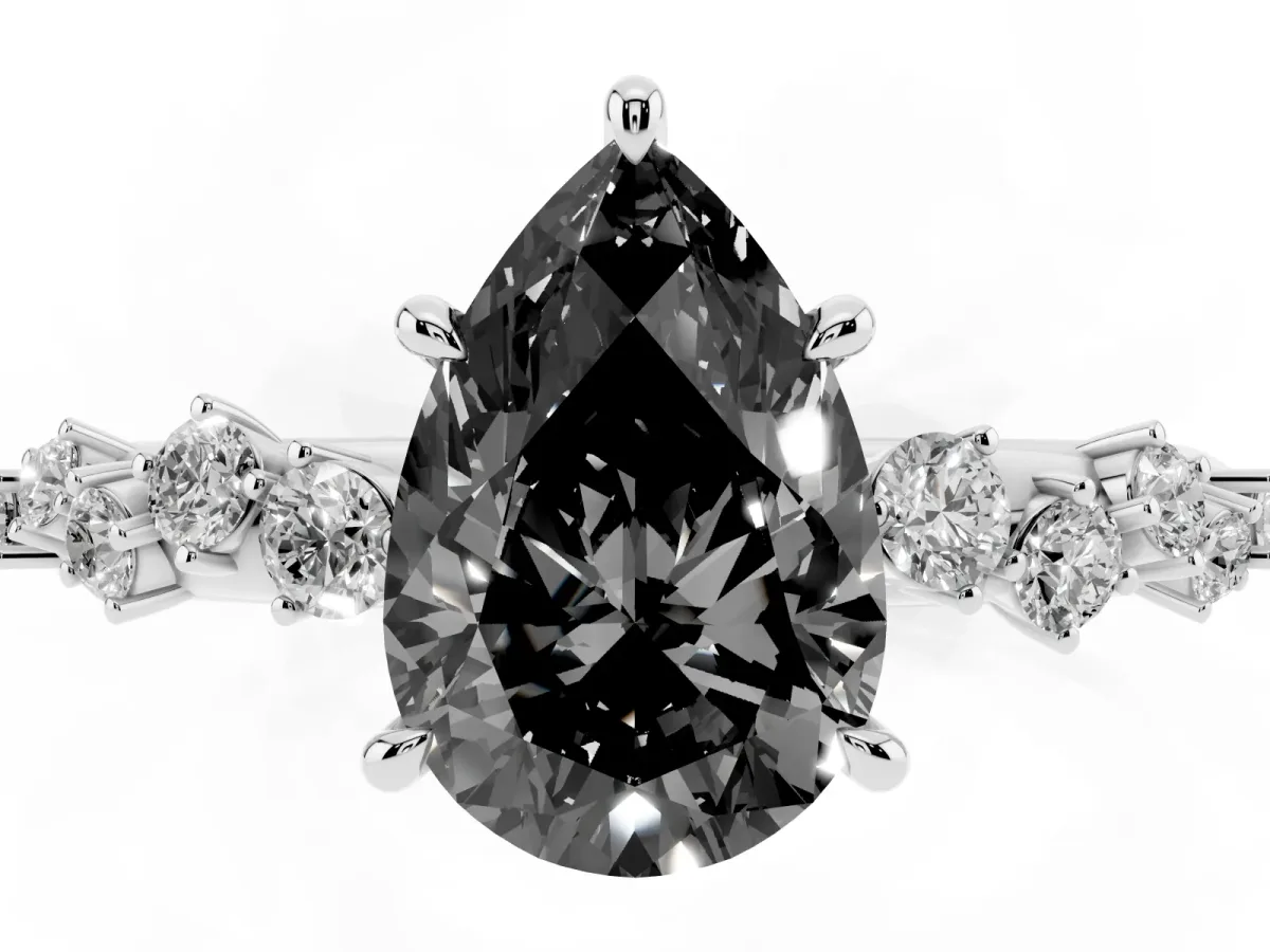 Fancy Black Pear Cut Diamond Cluster Side Stone Solitaire Ring with Prong Setting Silver