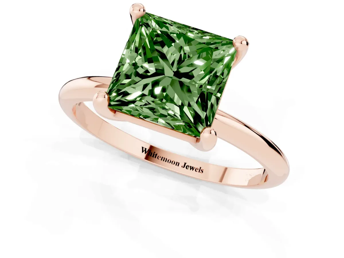 Fancy Green Princess Cut Solitaire Diamond Ring with 4-Prong Setting on a Classic Band Rose gold