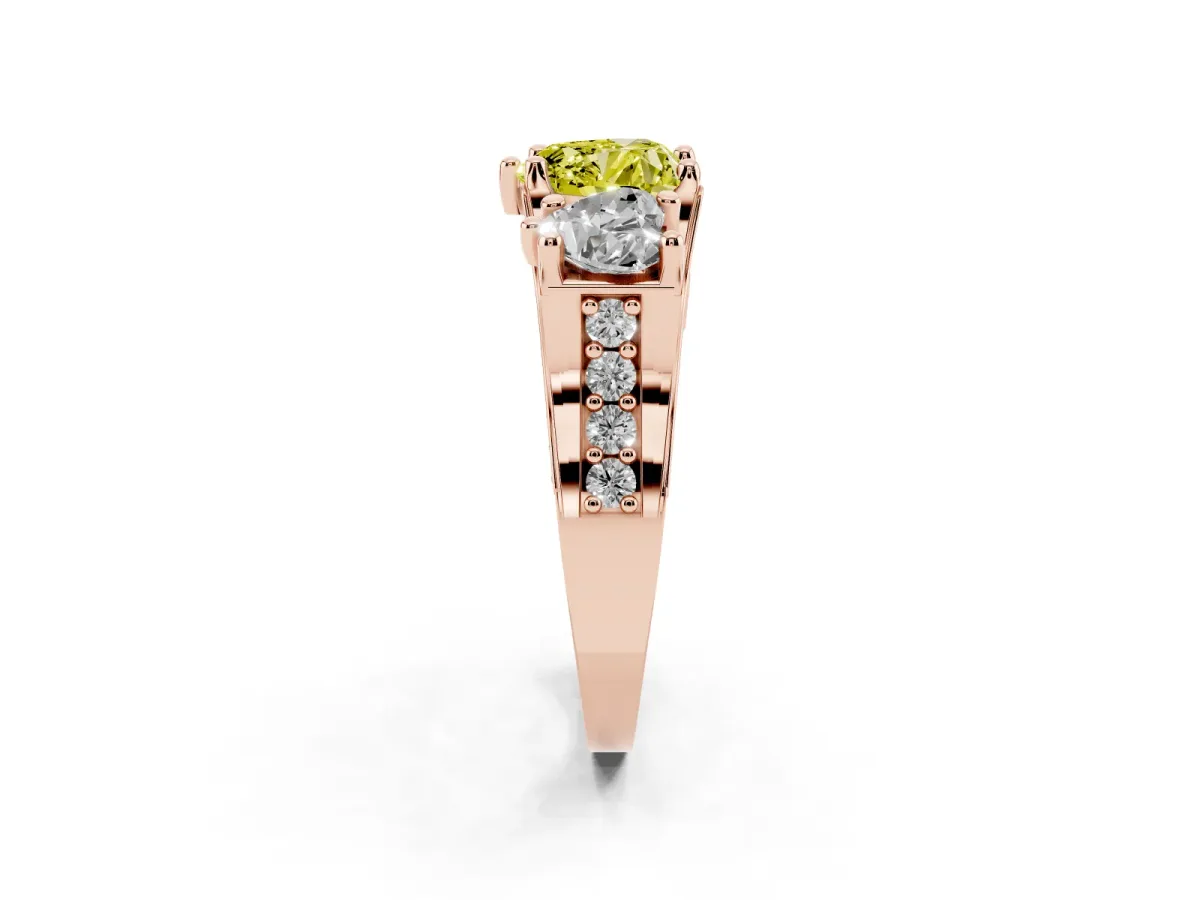 Fancy Yellow Heart Cut Diamond Three-Stone Ring with Channel Set Band and Four-Prong Setting Rose gold
