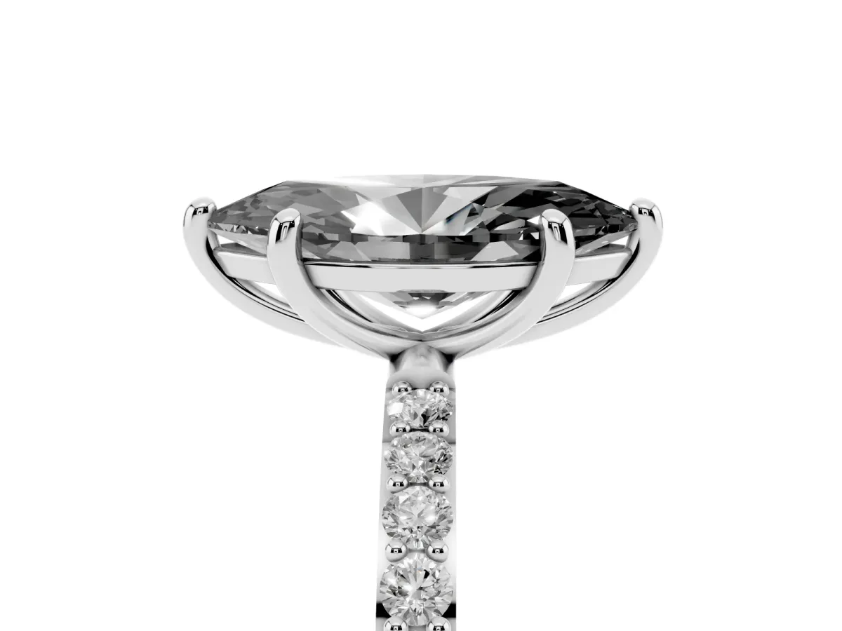 Fancy Black Marquise Cut Diamond Solitaire Ring with Round Pavé Band and Prong Setting Silver