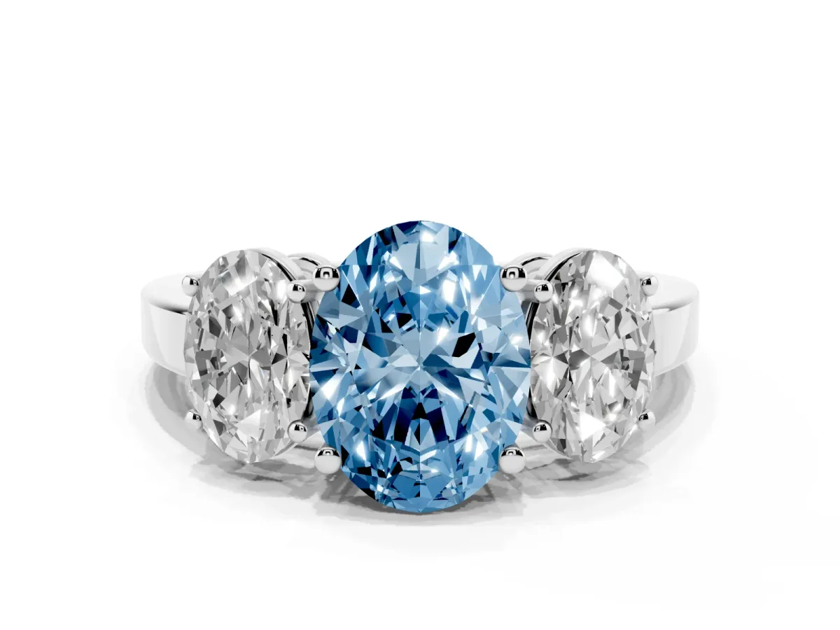 Fancy Blue Three-Stone Oval Cut Cut Diamond Engagement Ring with Flat Band and Four-Prong Setting Silver