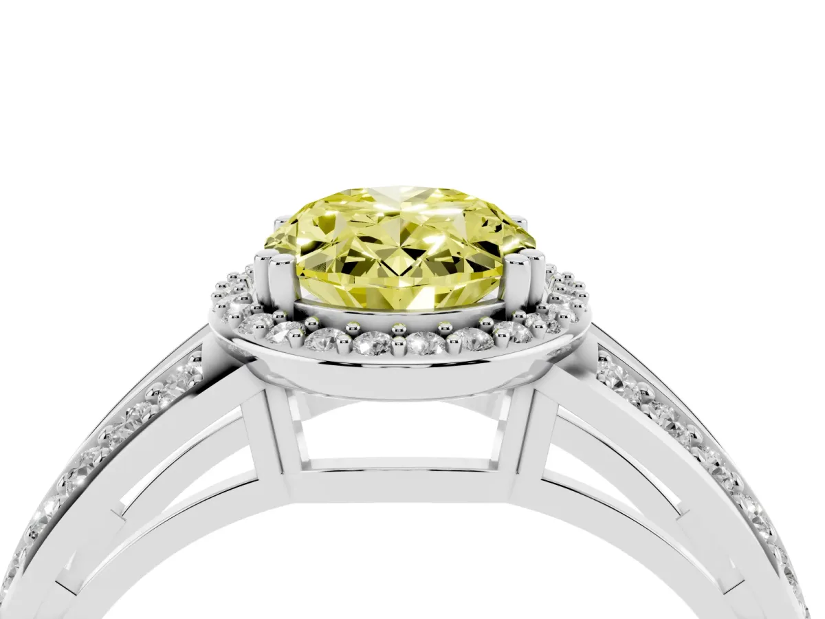 Fancy Yellow Oval Cut Diamond Halo Ring with Split Shank Pavé Band and Four-Prong Setting Platinum