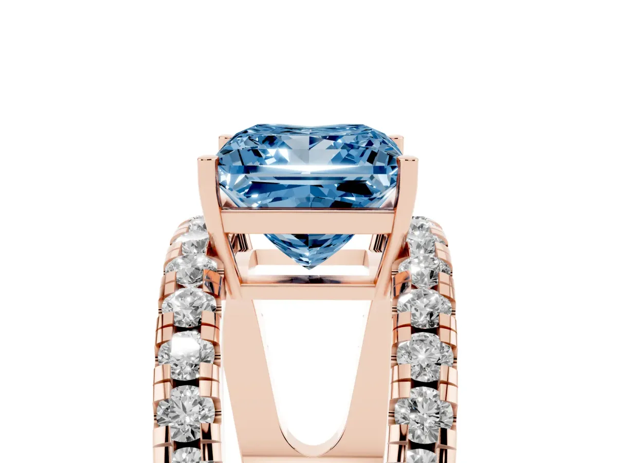 Fancy Blue Princess Cut Solitaire Split Shank Pave Diamond Ring Rose gold