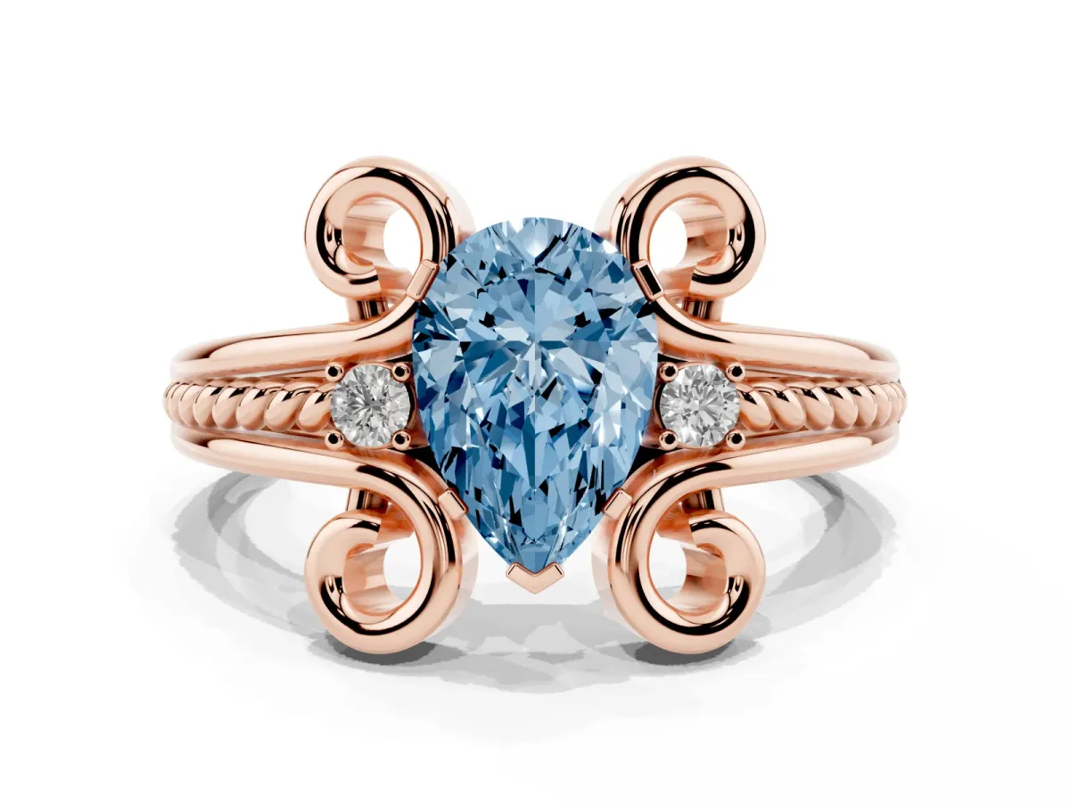 Fancy Blue Pear Cut Solitaire Twisted Band Scroll Prong Ring Rose gold