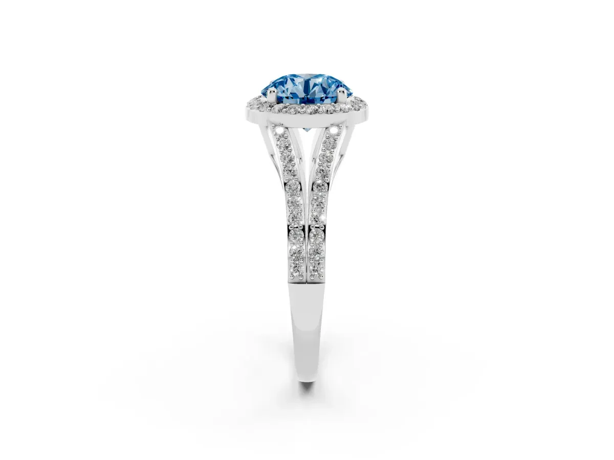 Fancy Blue Round Cut Halo Split Shank Pave Diamond Ring with Four-Prong Setting Silver