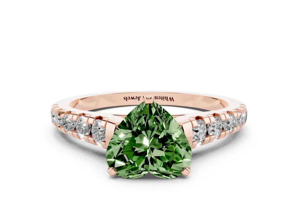 Fancy Green Heart Cut Diamond Cathedral Solitaire Ring with Round Pavé Band Rose gold