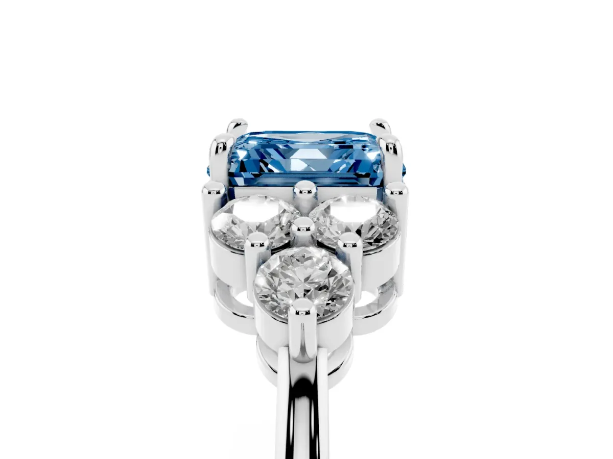Fancy Blue Asscher Cut Brilliant Diamond Cluster Accent Solitaire Ring with Prong Setting White gold