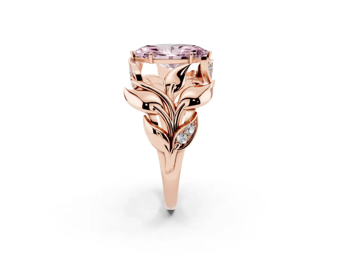 Fancy Pink Marquise Cut Diamond Leaf-Inspired Engagement Ring with Round Accents and Prong Setting Rose gold