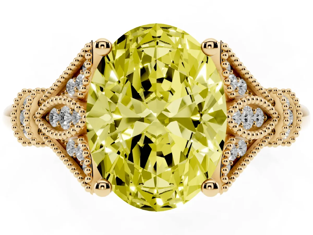 Fancy Yellow Oval Cut Diamond Solitaire Ring with Floral Filigree and Pave Accents Yellow gold
