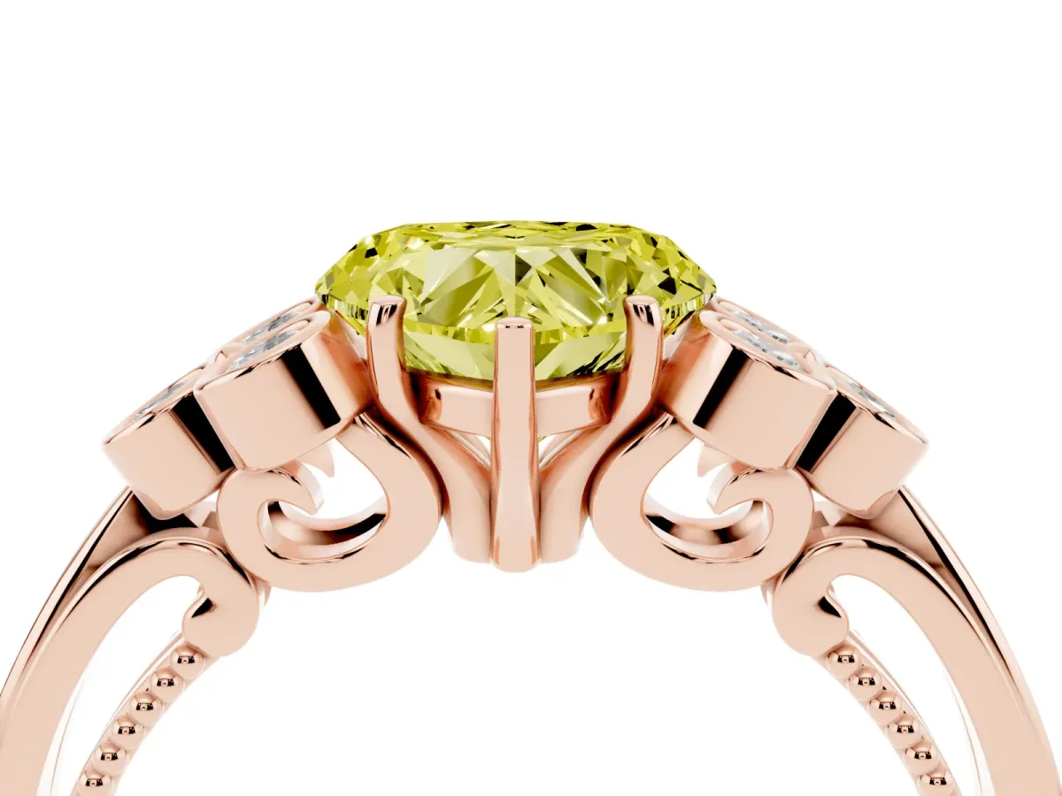 Fancy Yellow Heart Cut Cut Diamond Engagement Ring with Bezel Set Round Side Stones and Prong Setting Rose gold