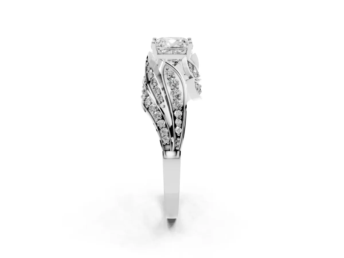Cushion Cut Diamond Solitaire Ring with Prong Setting and Twisted Pavé Band Silver