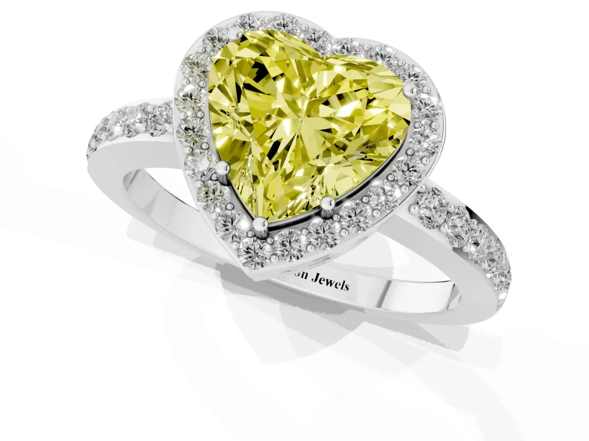 Fancy Yellow Heart Cut Halo Diamond Pavé Band Ring with Prong Setting Silver