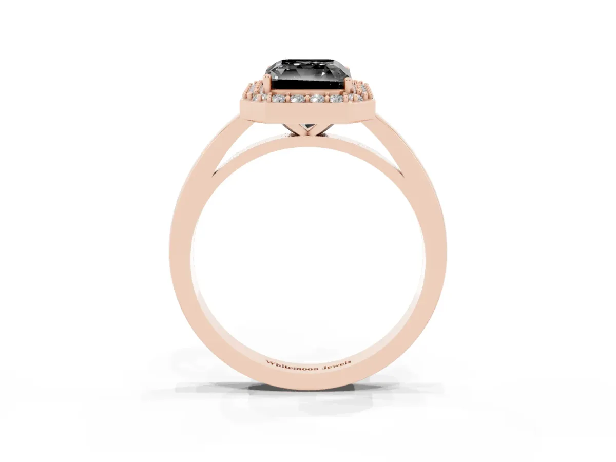 Fancy Black Radiant Cut Halo Diamond Ring with Solitaire Band and Prong Setting Rose gold