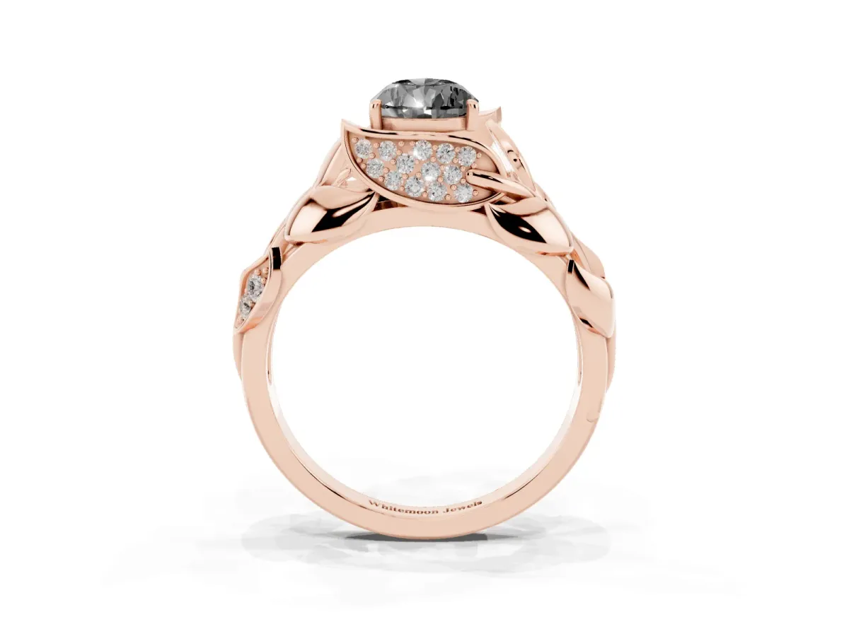 Fancy Black Pear Cut Diamond Leaf-Inspired Engagement Ring with Round Accents and Prong Setting Rose gold