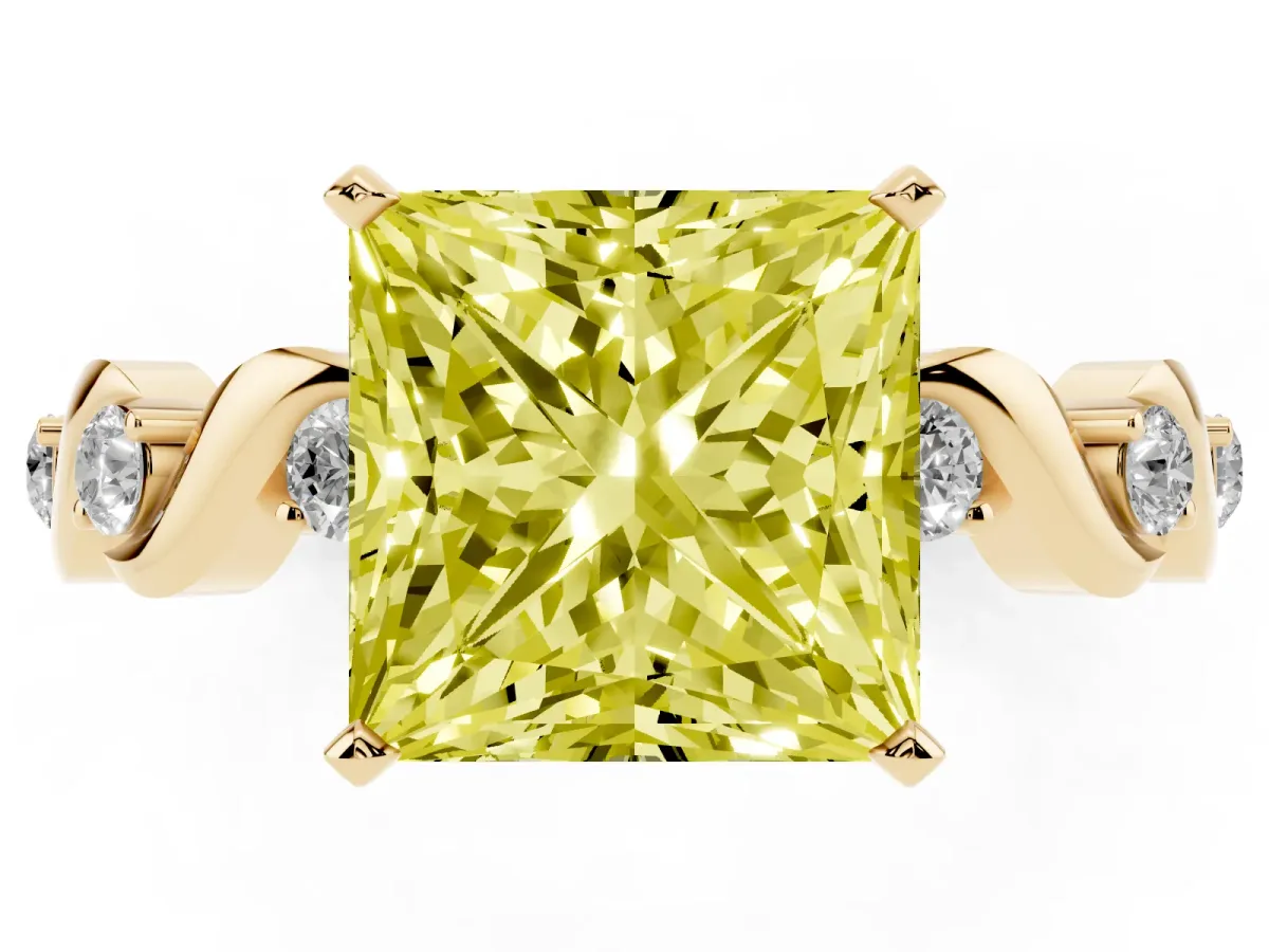 Fancy Yellow Princess Cut Diamond Solitaire Twisted Band with Round Accents and Prong Setting Yellow gold