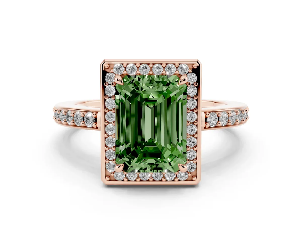 Fancy Green Emerald Cut Halo Pave Band Solitaire Ring with Prong Setting Rose gold