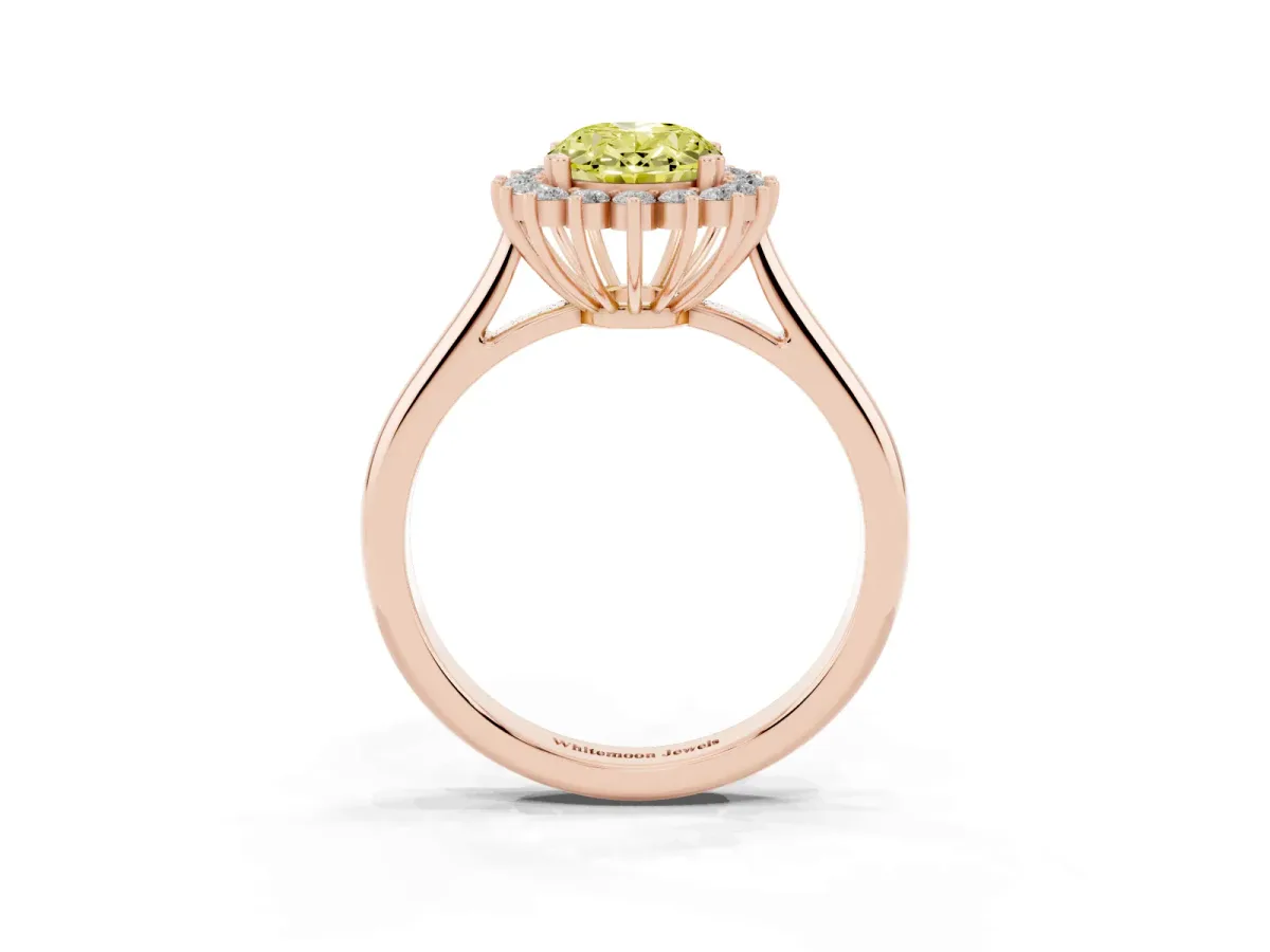 Fancy Yellow Oval Cut Cut Diamond Halo Ring with Solitaire Band and Prong Setting Rose gold