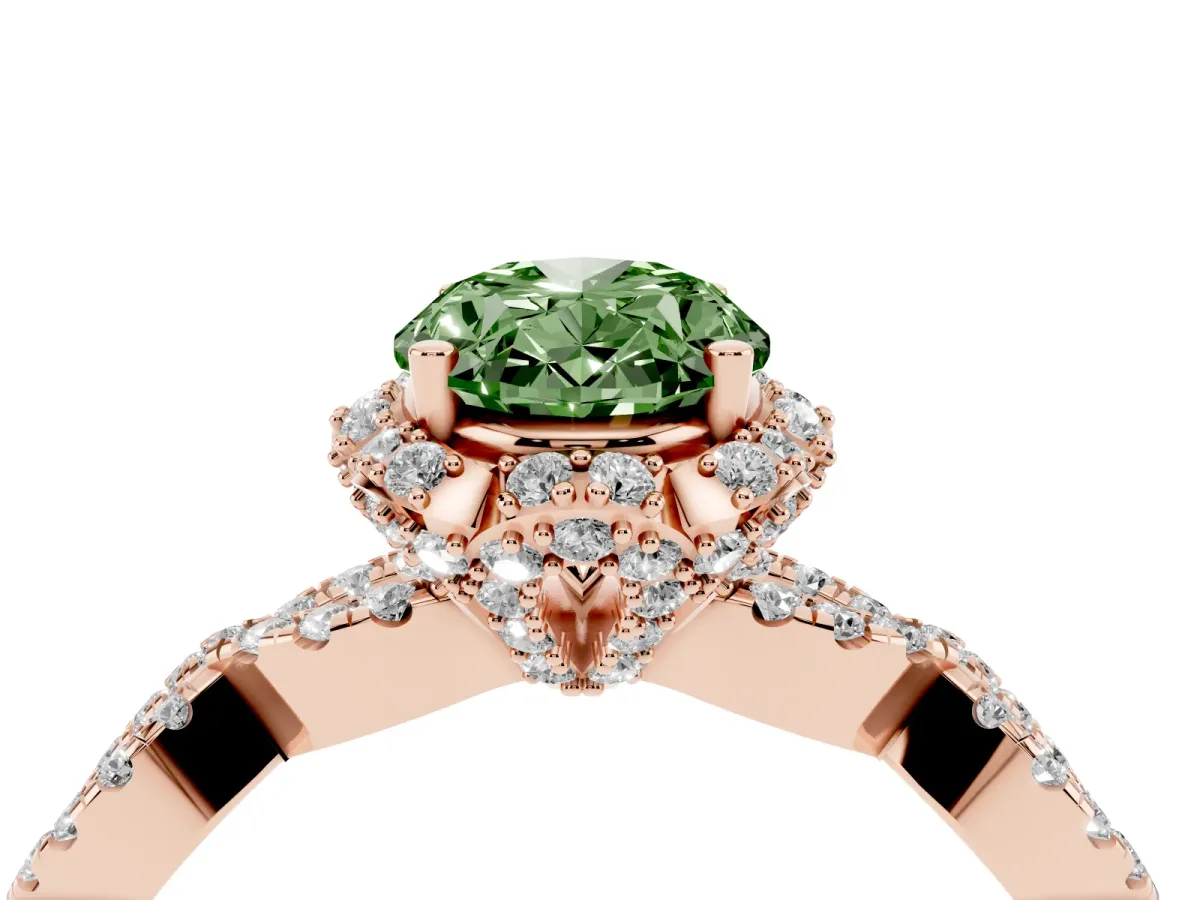 Fancy Green Oval Cut Halo Twist Band Solitaire Ring with Six-Prong Setting Rose gold